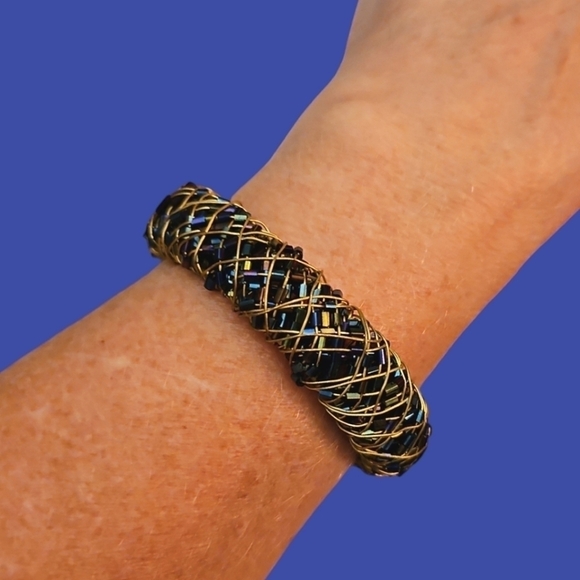 Hand Crafted Jewelry - HANDMADE Metallic Midnight Blue Wire Wrapped Crystal Bead Cuff Bracelet